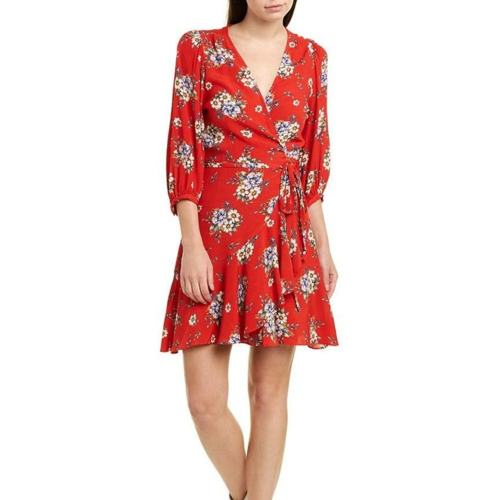 Yumi Kim Love wins daisy bouquet Blood Orange Red floral wrap dress